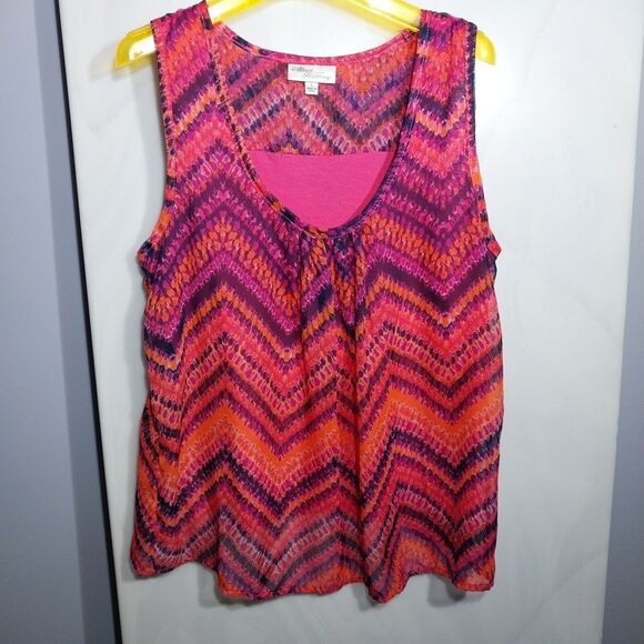 Allison Brittney Women’s Tank Top L Colorful Lined Split Back Boho Sheer Flowy - Picture 1 of 10